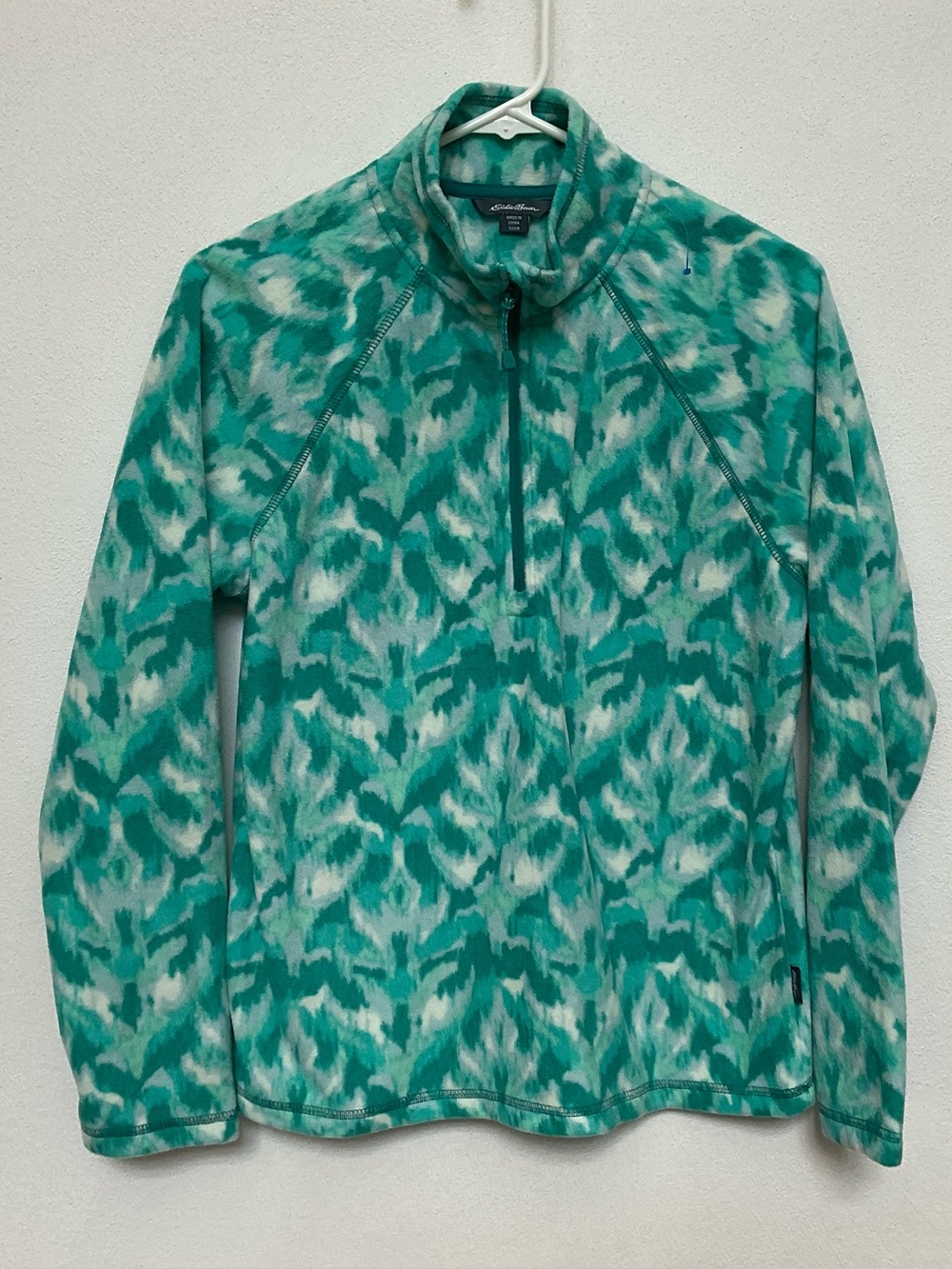 Eddie Bauer Turquoise Green, White Leaf Ikat Fleece Quarter Zip Jacket Size S